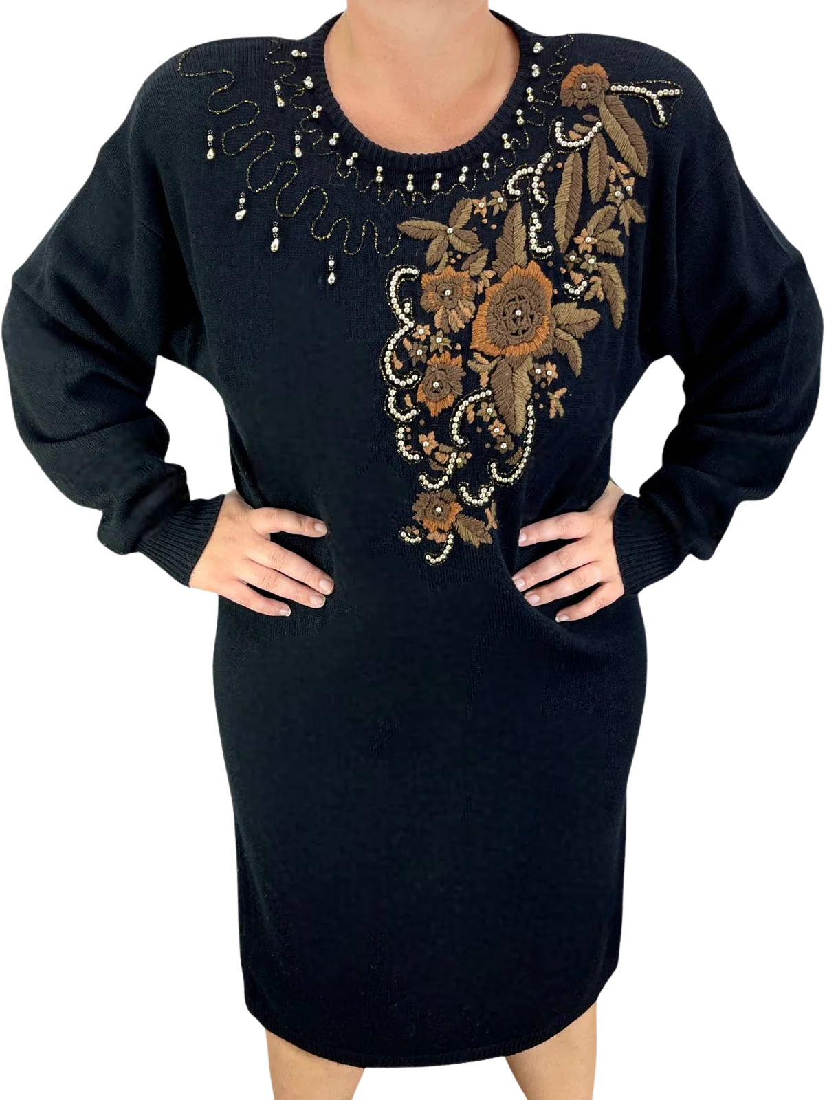 Vintage 80s Black Embroidered and Beaded Knit Midi Dress by Larisa