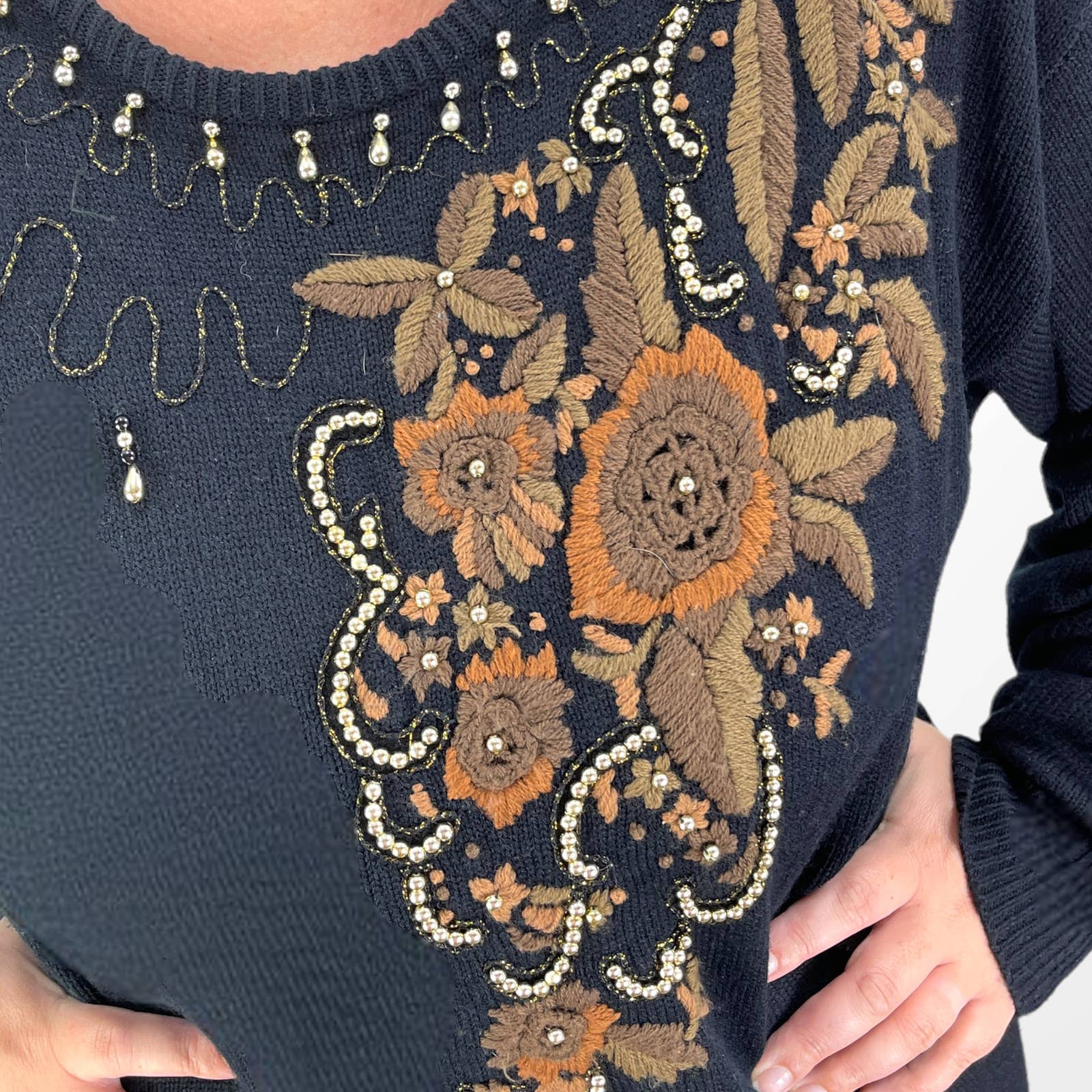 Vintage 80s Black Embroidered and Beaded Knit Midi Dress by Larisa - Image 5
