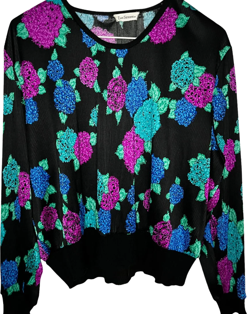 Vintage 80s Black Floral Purple Blue Teal Crepe Blouse Med Large by Eve Simons