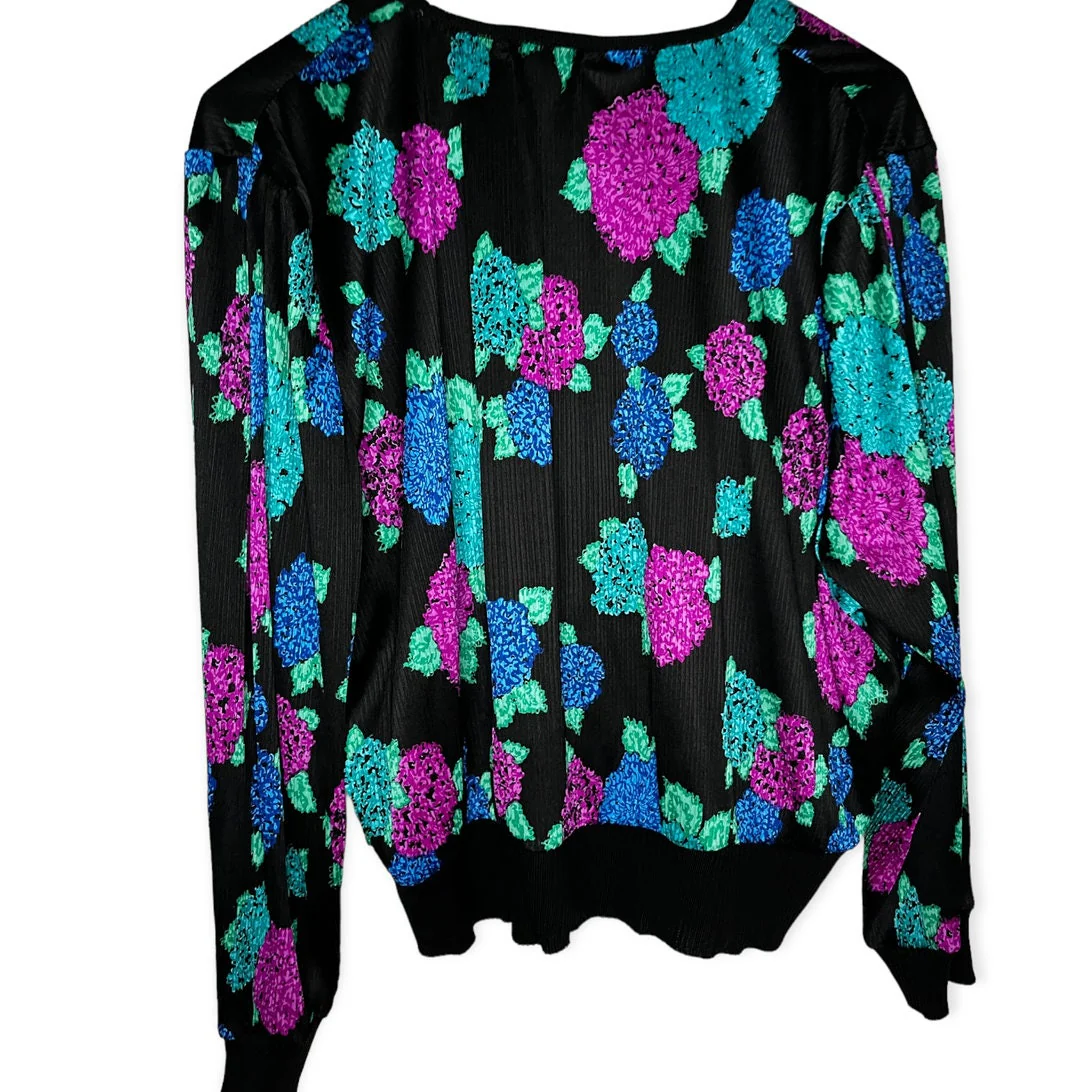 Vintage 80s Black Floral Purple Blue Teal Crepe Blouse Med Large by Eve Simons - Image 2