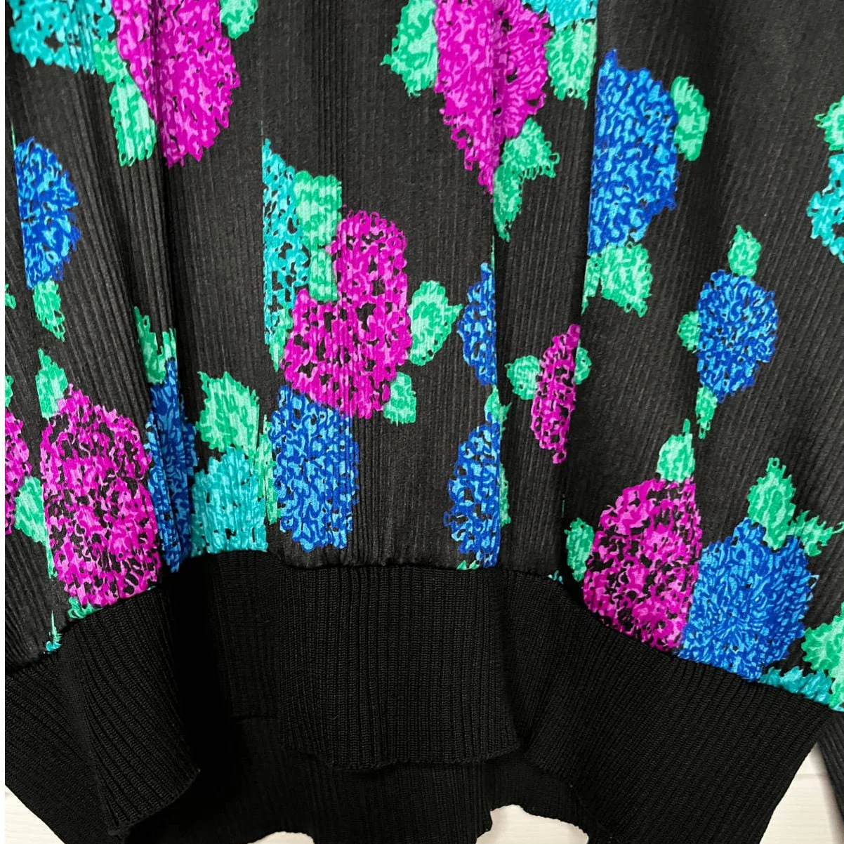 Vintage 80s Black Floral Purple Blue Teal Crepe Blouse Med Large by Eve Simons - Image 3