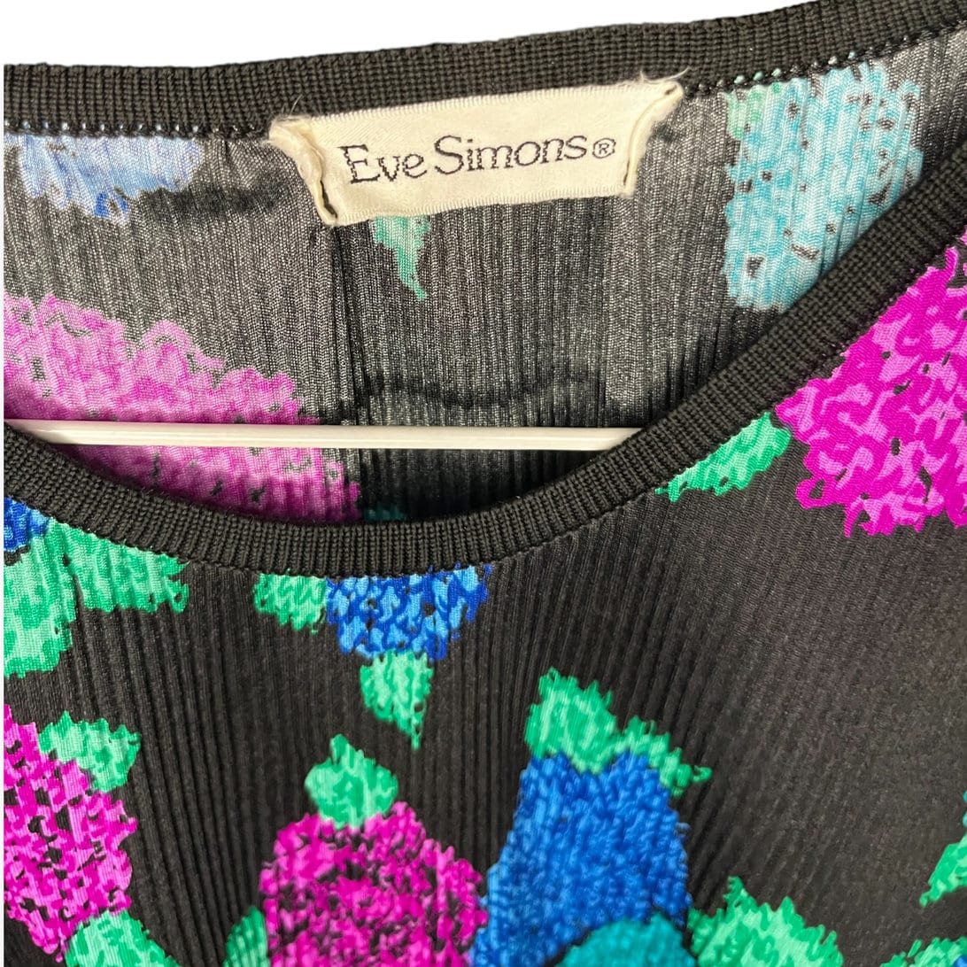 Vintage 80s Black Floral Purple Blue Teal Crepe Blouse Med Large by Eve Simons - Image 4