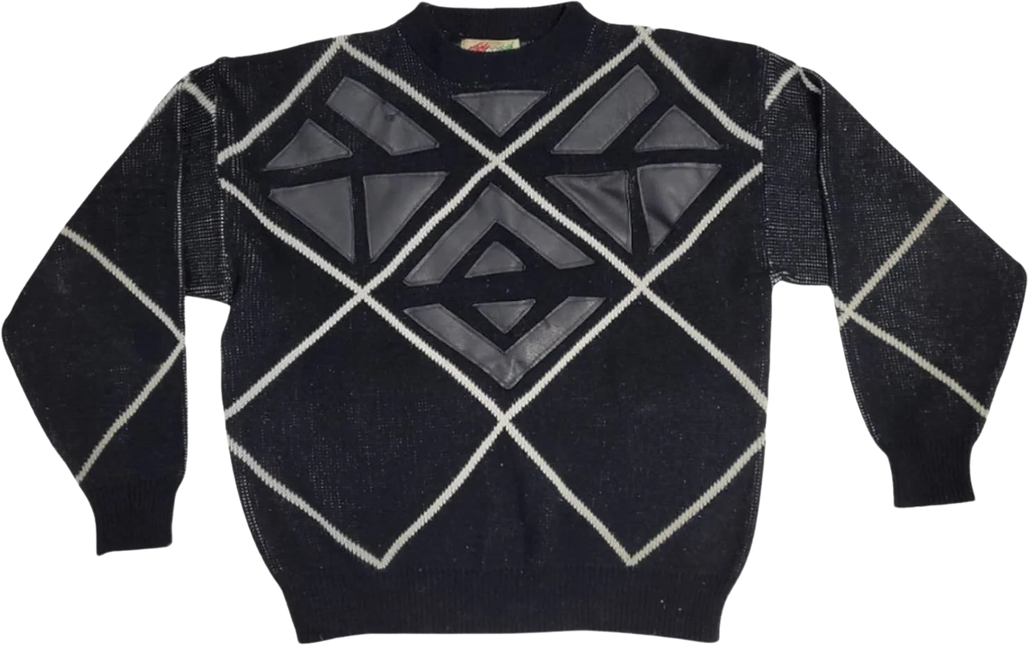 Vintage 80s Black Geometric Sweater Leather Patch Oversized Unisex L by Cuccini