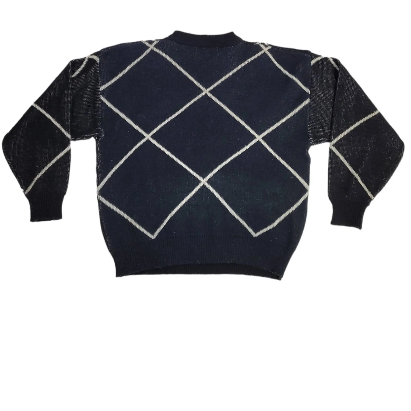 Vintage 80s Black Geometric Sweater Leather Patch Oversized Unisex L by Cuccini - Image 2
