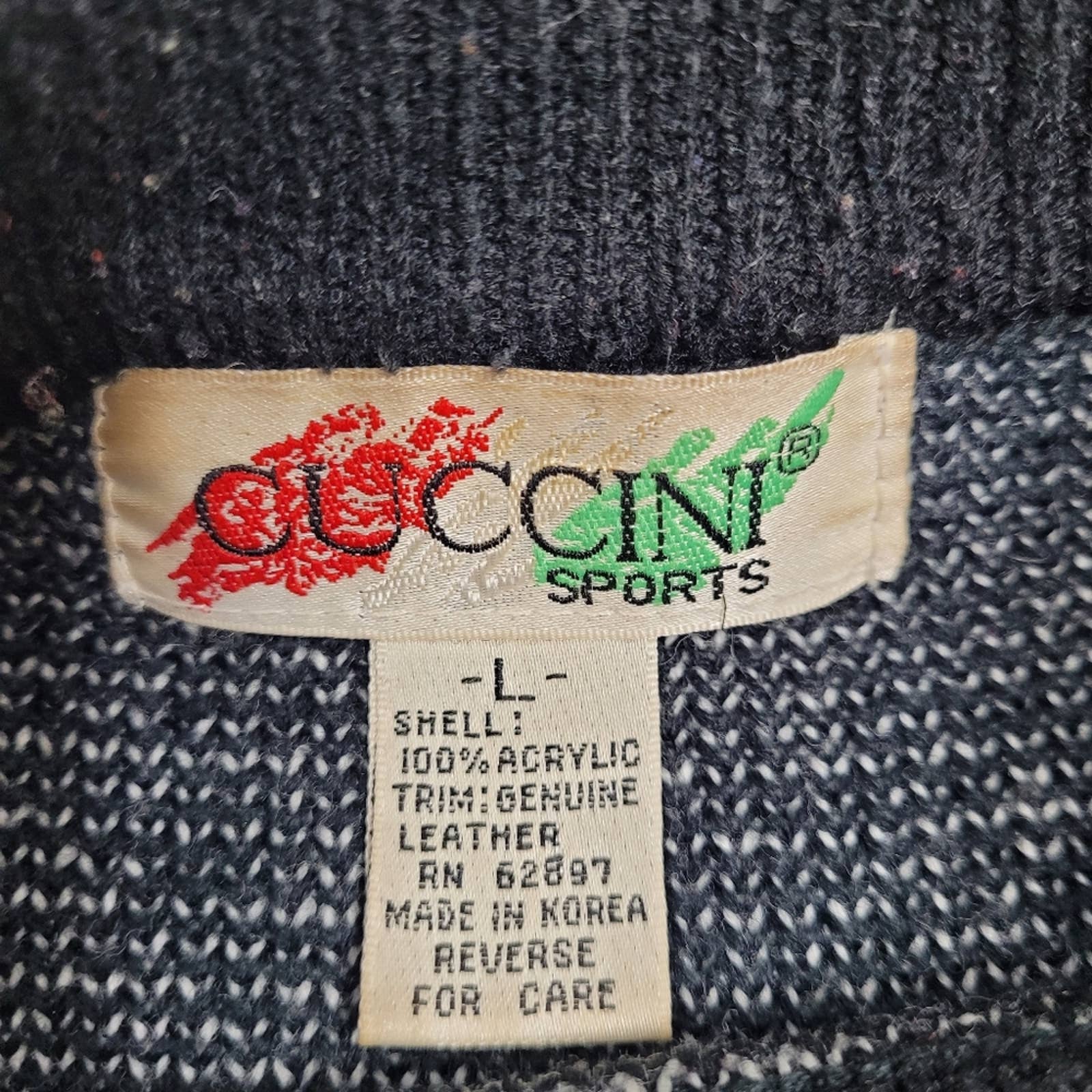 Vintage 80s Black Geometric Sweater Leather Patch Oversized Unisex L by Cuccini - Image 3