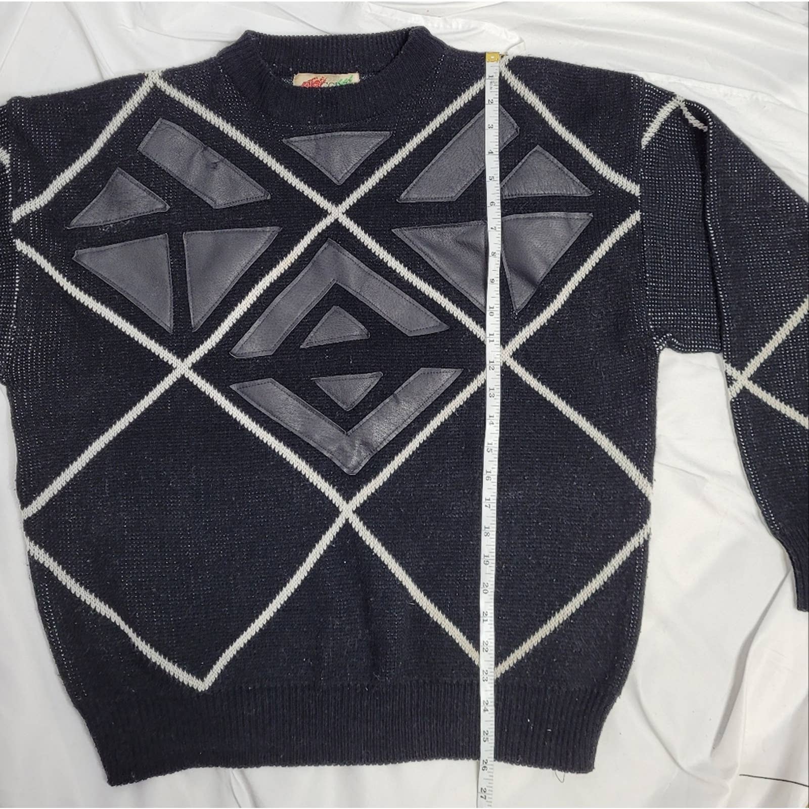 Vintage 80s Black Geometric Sweater Leather Patch Oversized Unisex L by Cuccini - Image 8