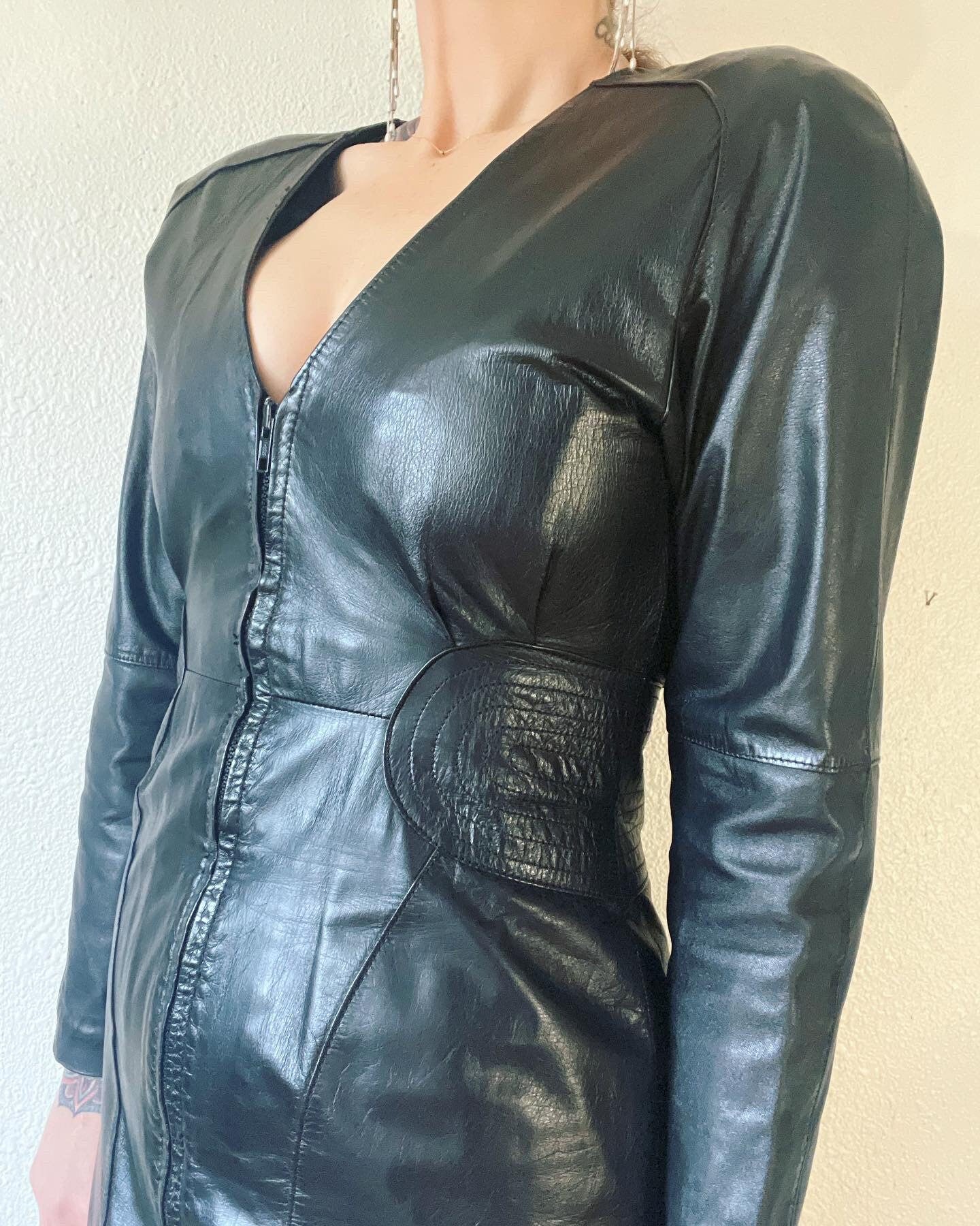 Vintage 80s Black Leather Full Zip Front Wiggle Dress by Yucatán Bay - Image 3