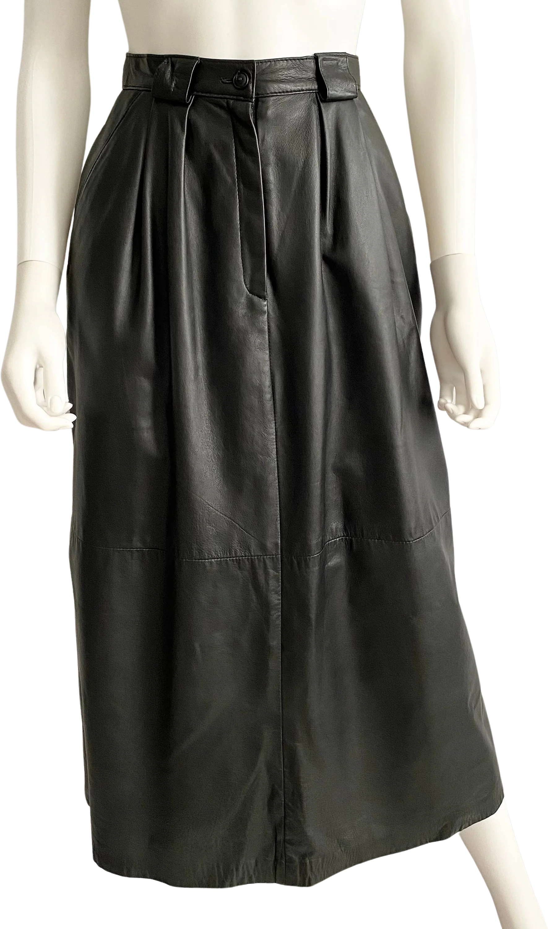 Vintage 80s Black Leather Pleated Midi Skirt by Ann Taylor