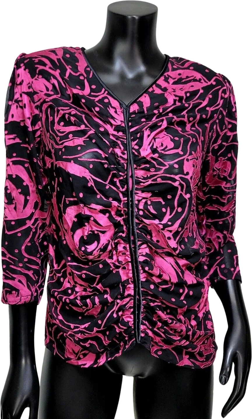 80s Black Pink Burnout Velvet Sheer Blouse Popover