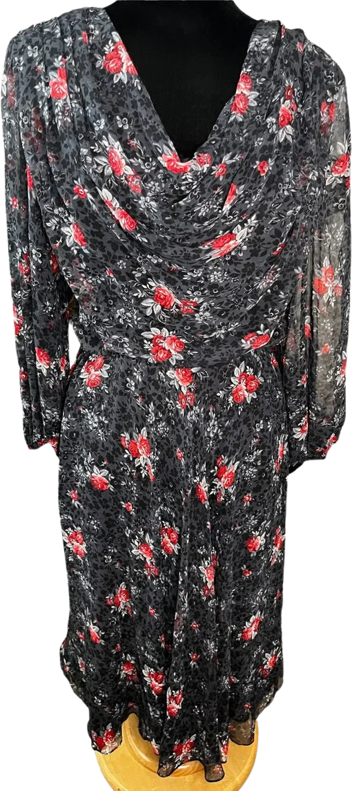 Vintage 80s Black Red Floral Midi Dress 12 Med/large Fall by Ursula of Switzerland