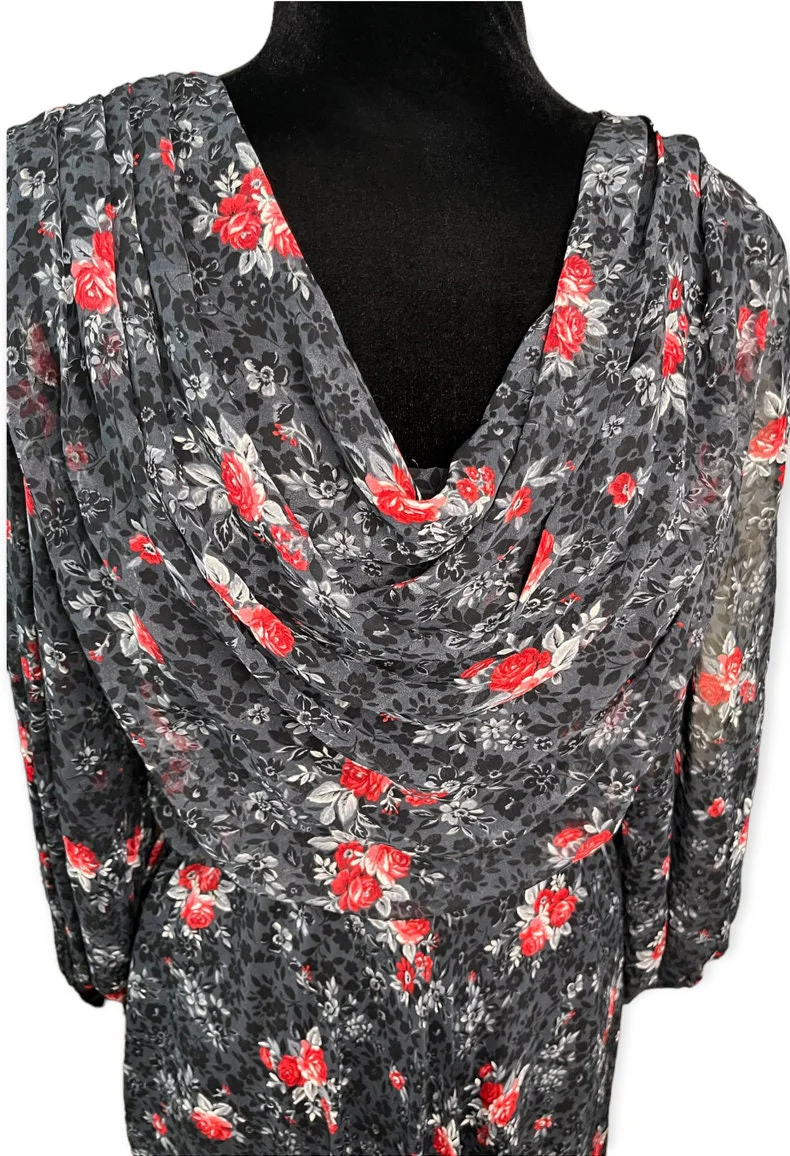 Vintage 80s Black Red Floral Midi Dress 12 Med/large Fall by Ursula of Switzerland - Image 3