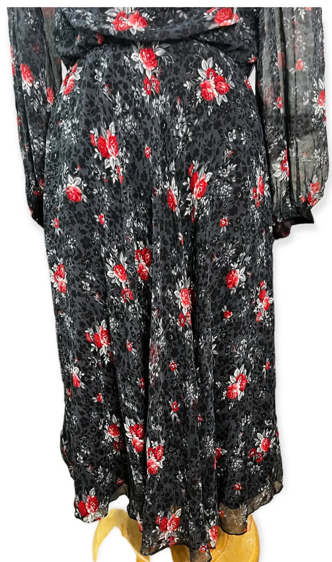 Vintage 80s Black Red Floral Midi Dress 12 Med/large Fall by Ursula of Switzerland - Image 4