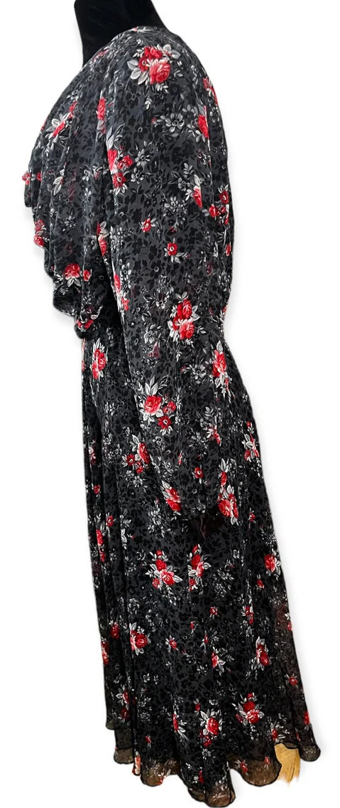 Vintage 80s Black Red Floral Midi Dress 12 Med/large Fall by Ursula of Switzerland - Image 5
