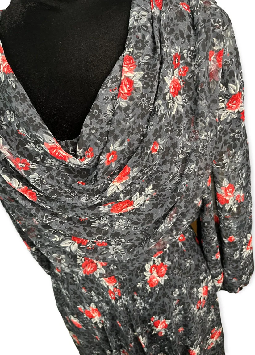 Vintage 80s Black Red Floral Midi Dress 12 Med/large Fall by Ursula of Switzerland - Image 7