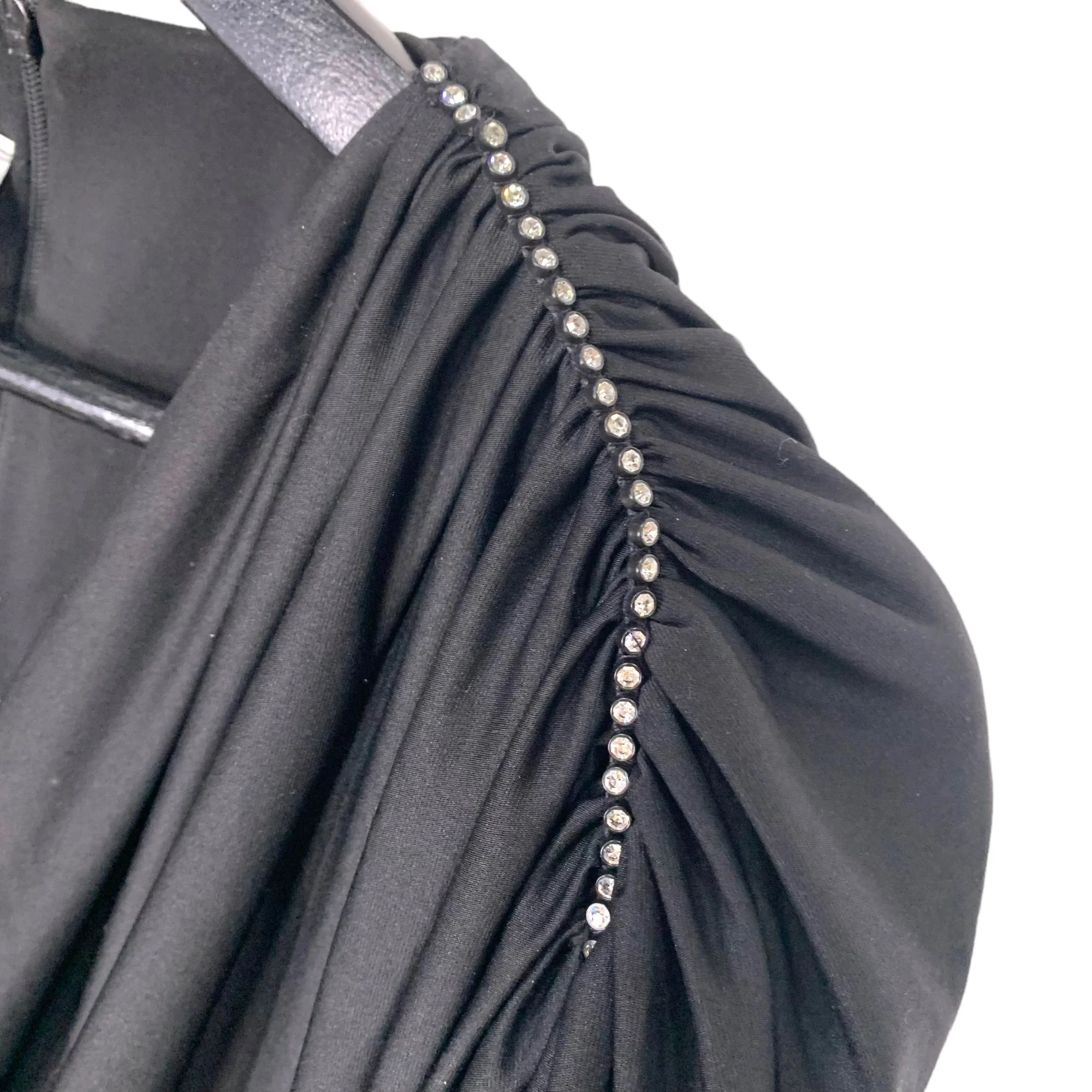 Vintage 80s Black Rhinestone Ruched Shoulder Plunge Neck Jumpsuit Large - Image 4