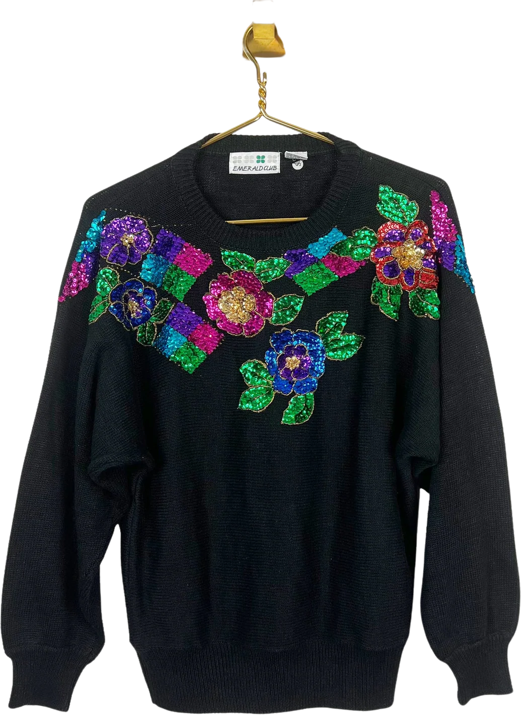 Vintage 80s Black Sequin Floral Sweater by Emerald Club