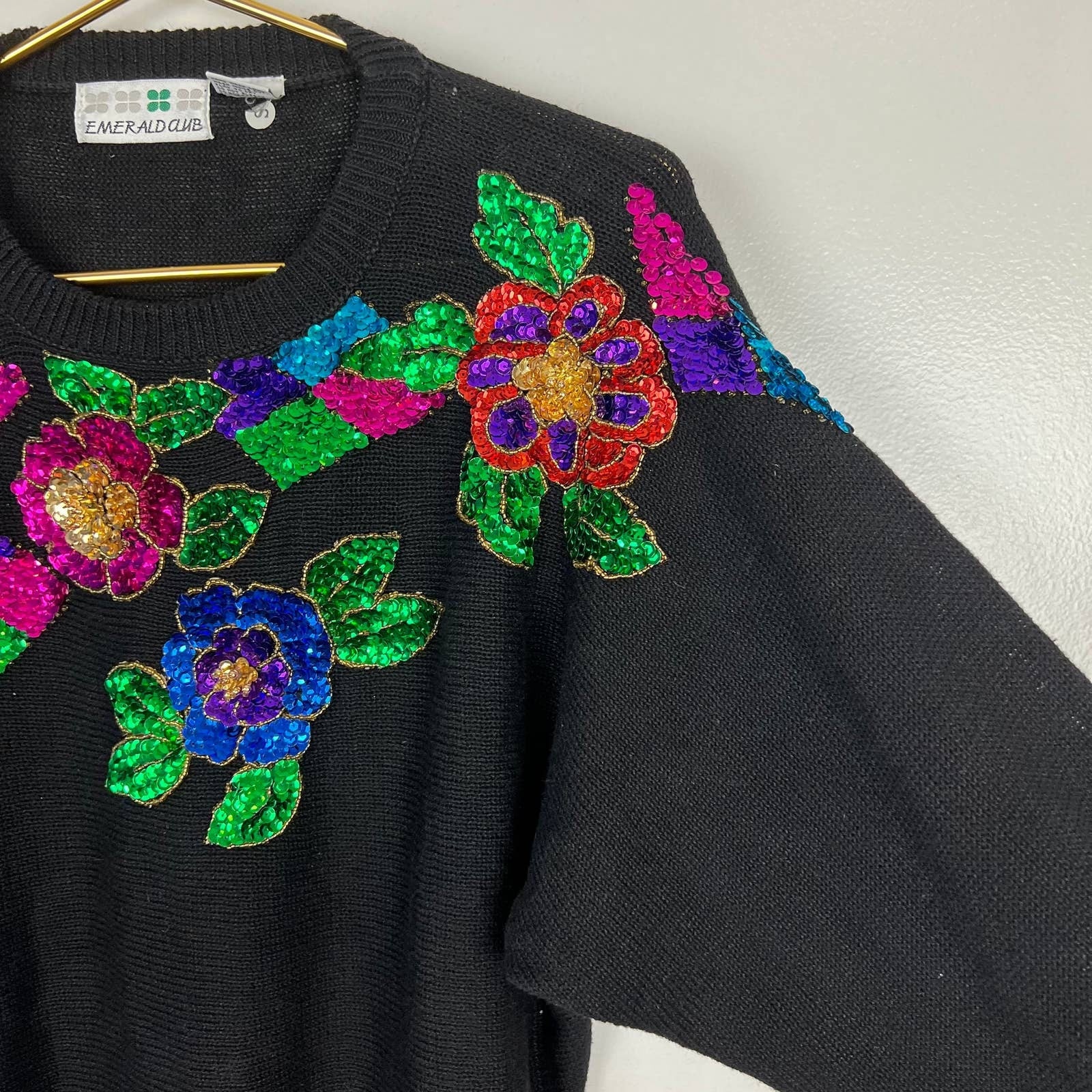 Vintage 80s Black Sequin Floral Sweater by Emerald Club - Image 3
