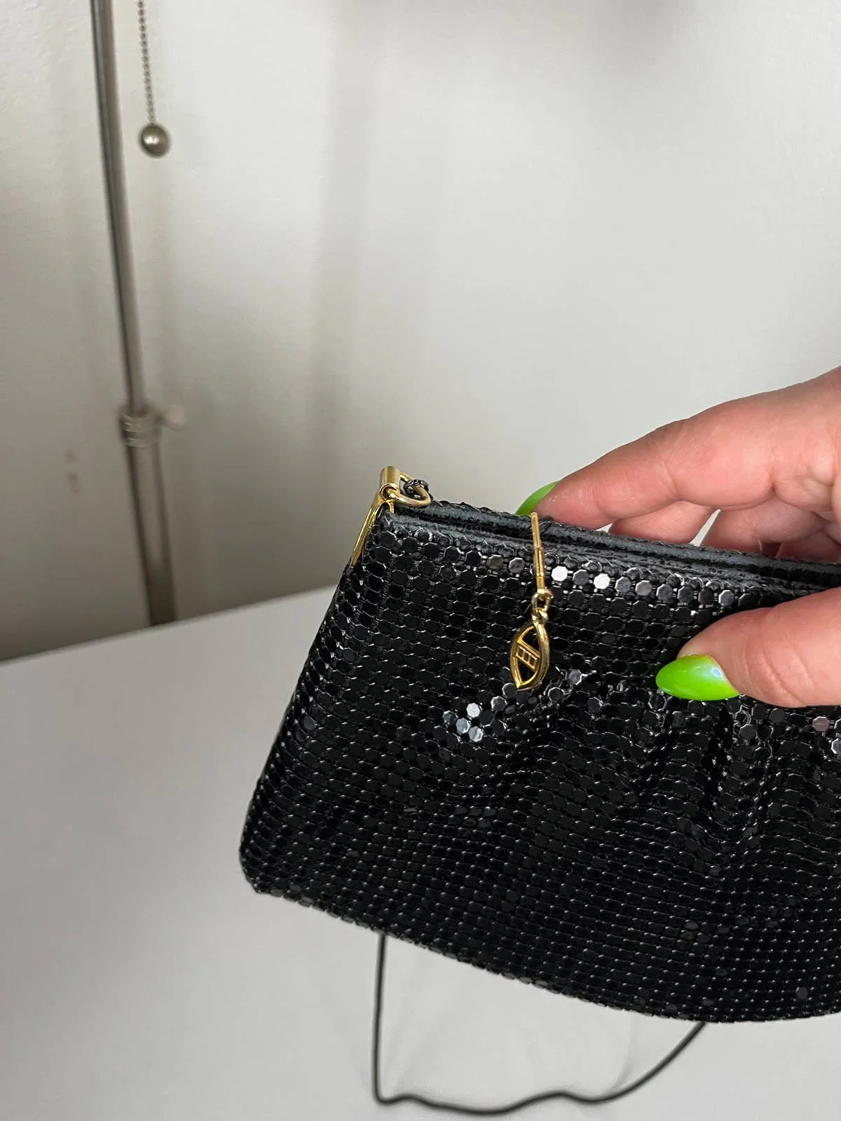 Vintage 80s Black Sequin Metal Mesh Gold Accents Evening Bag Purse - Image 3