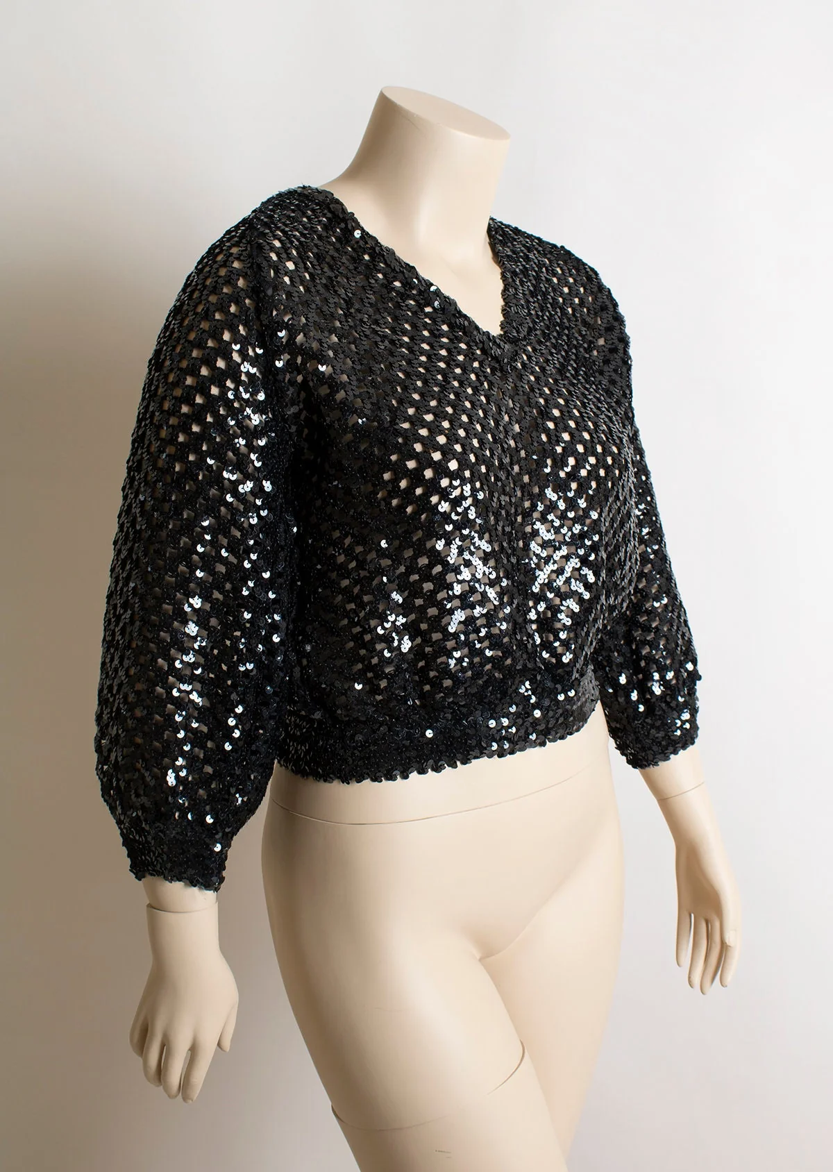 Vintage 80s Black Sequin Sweater - Peek-a-Boo Sequined Sparkly Billowy Puff Long Sleeve Knit Pullover Disco Dancing Party Club - Medium - Image 3