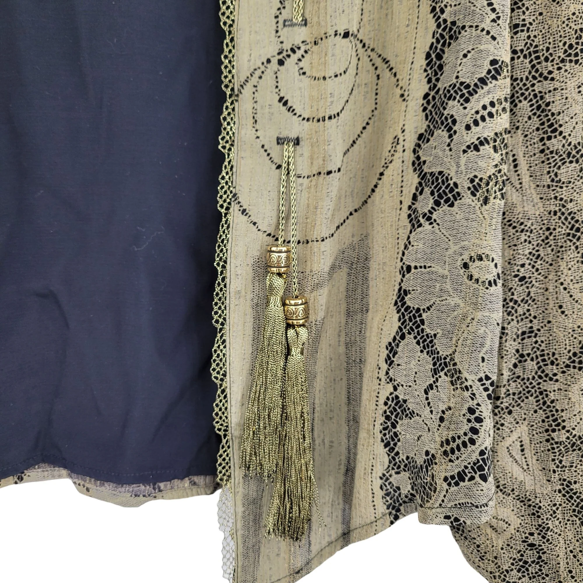 Vintage 80s Blazer Bolero Artsy Renaissance Tassel Lace Trim Bell Sleeve Gold S by Dorothy Schoelen - Image 4