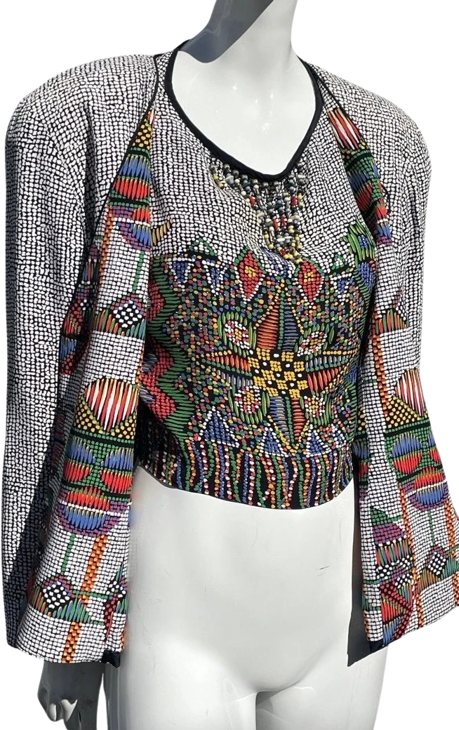 Vintage 80s Blouse and Jacket Set Platinum Petites Novelty Print Stained Glass Pattern Beaded Set Sm by Dorothy Schoelen
