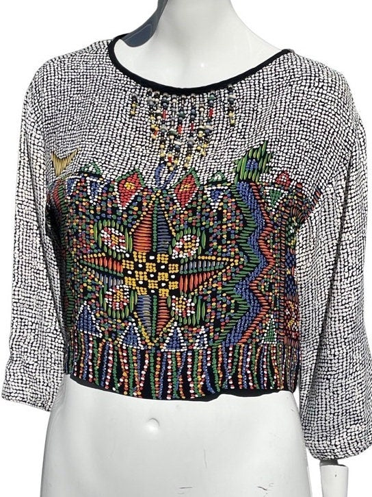 Vintage 80s Blouse and Jacket Set Platinum Petites Novelty Print Stained Glass Pattern Beaded Set Sm by Dorothy Schoelen - Image 4