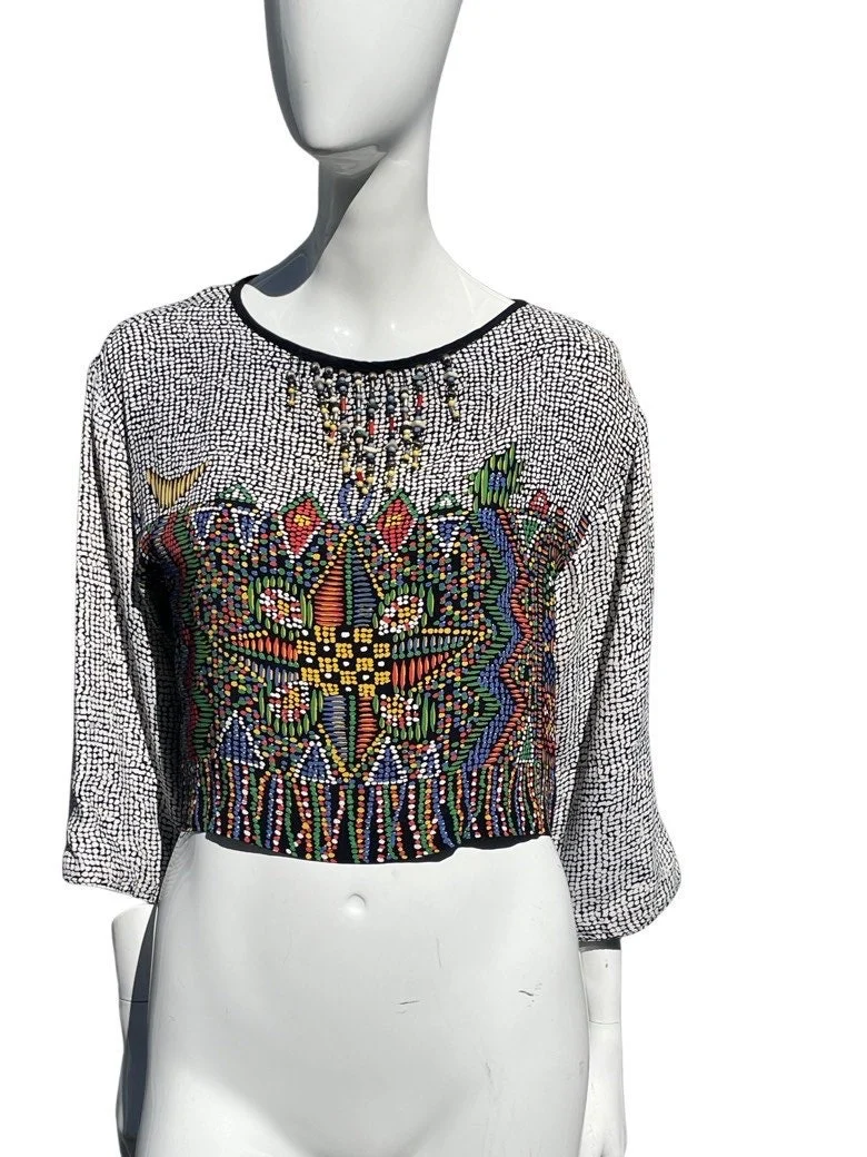 Vintage 80s Blouse and Jacket Set Platinum Petites Novelty Print Stained Glass Pattern Beaded Set Sm by Dorothy Schoelen - Image 8