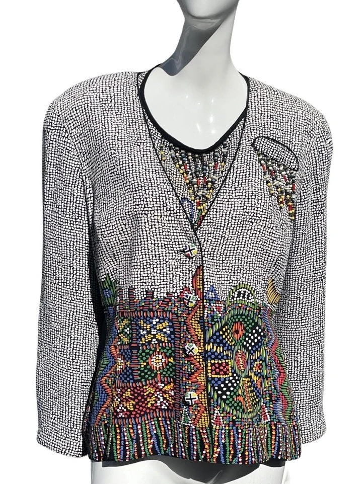 Vintage 80s Blouse and Jacket Set Platinum Petites Novelty Print Stained Glass Pattern Beaded Set Sm by Dorothy Schoelen - Image 9