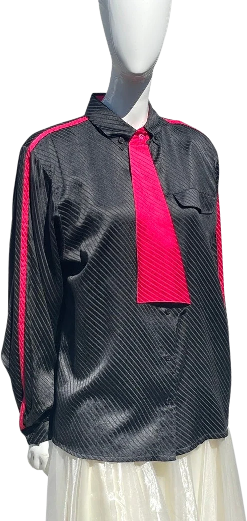 Vintage 80s Blouse Silk Blend Diagonal Stripes Pattern Faux Tie Size Xl Pink Sleeve Stripe