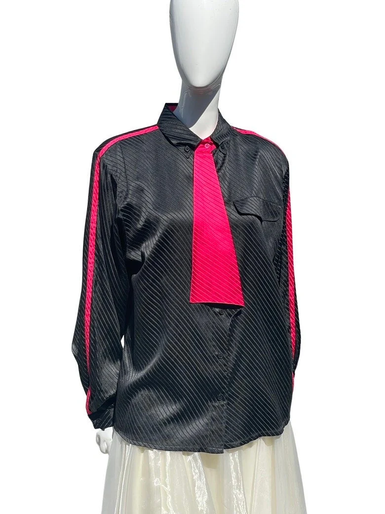 Vintage 80s Blouse Silk Blend Diagonal Stripes Pattern Faux Tie Size Xl Pink Sleeve Stripe - Image 3