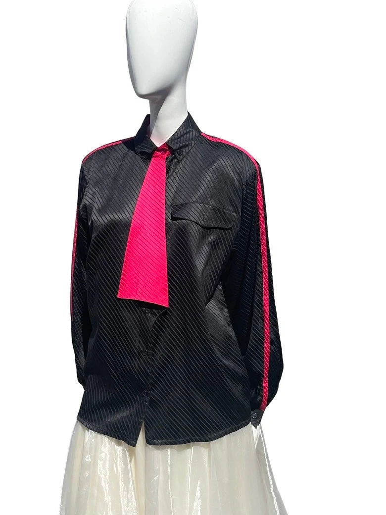 Vintage 80s Blouse Silk Blend Diagonal Stripes Pattern Faux Tie Size Xl Pink Sleeve Stripe - Image 4