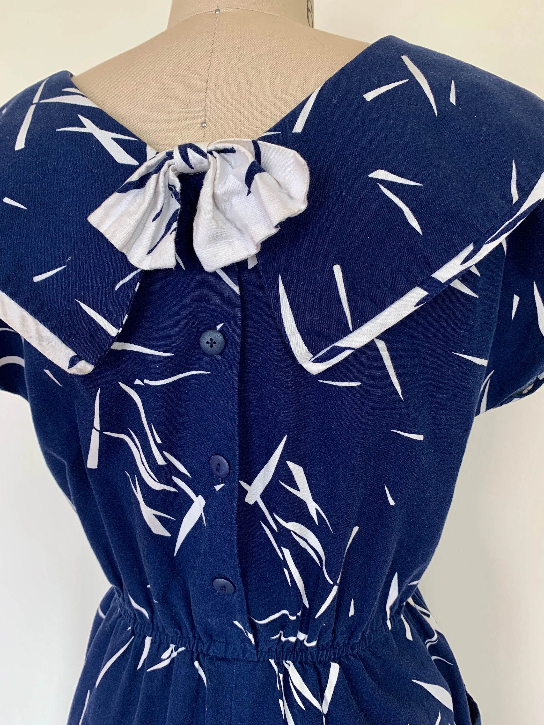 Vintage 80s Blue Cotton Casual Midi Dress Sz M by John Richard - Image 5