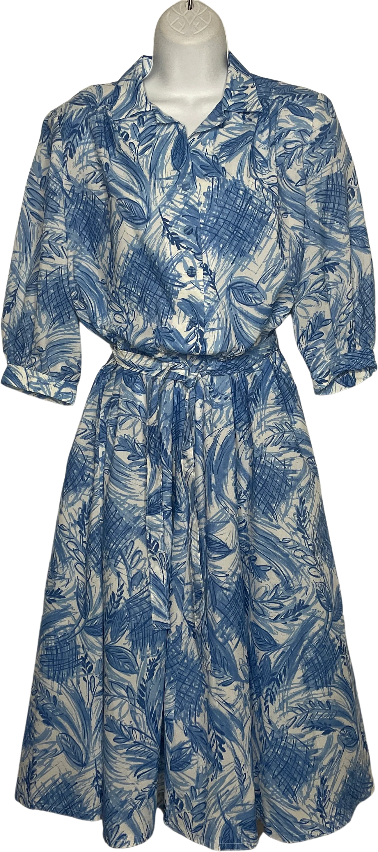 Vintage 80s Blue White Abstract Crepe Belted Midi Secretary Shirt Dress Size M