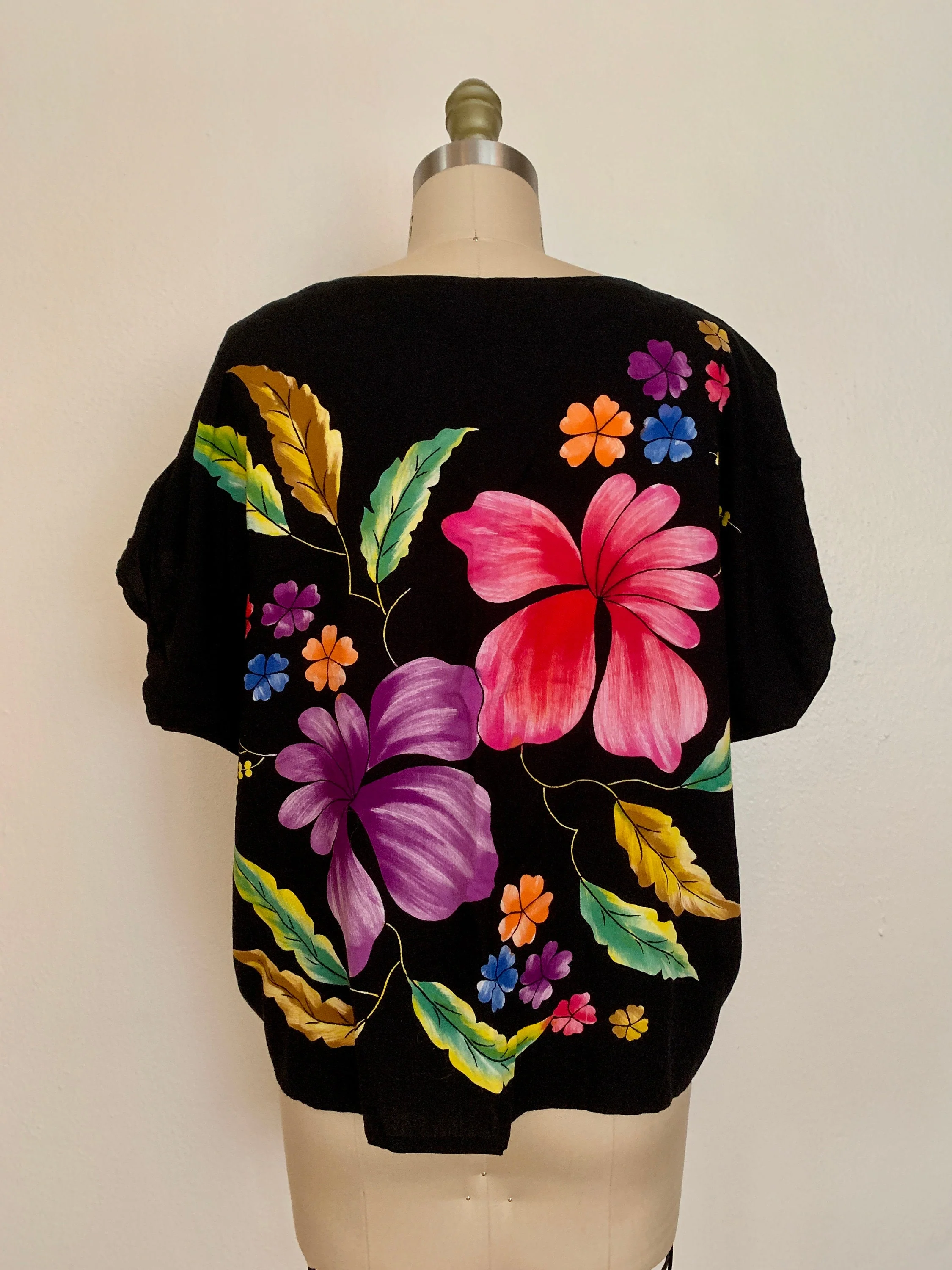 Vintage 80s Boxy Dark Tropical Floral Rayon Cropped Top Sz L / Xl by Puri Kencana - Image 2