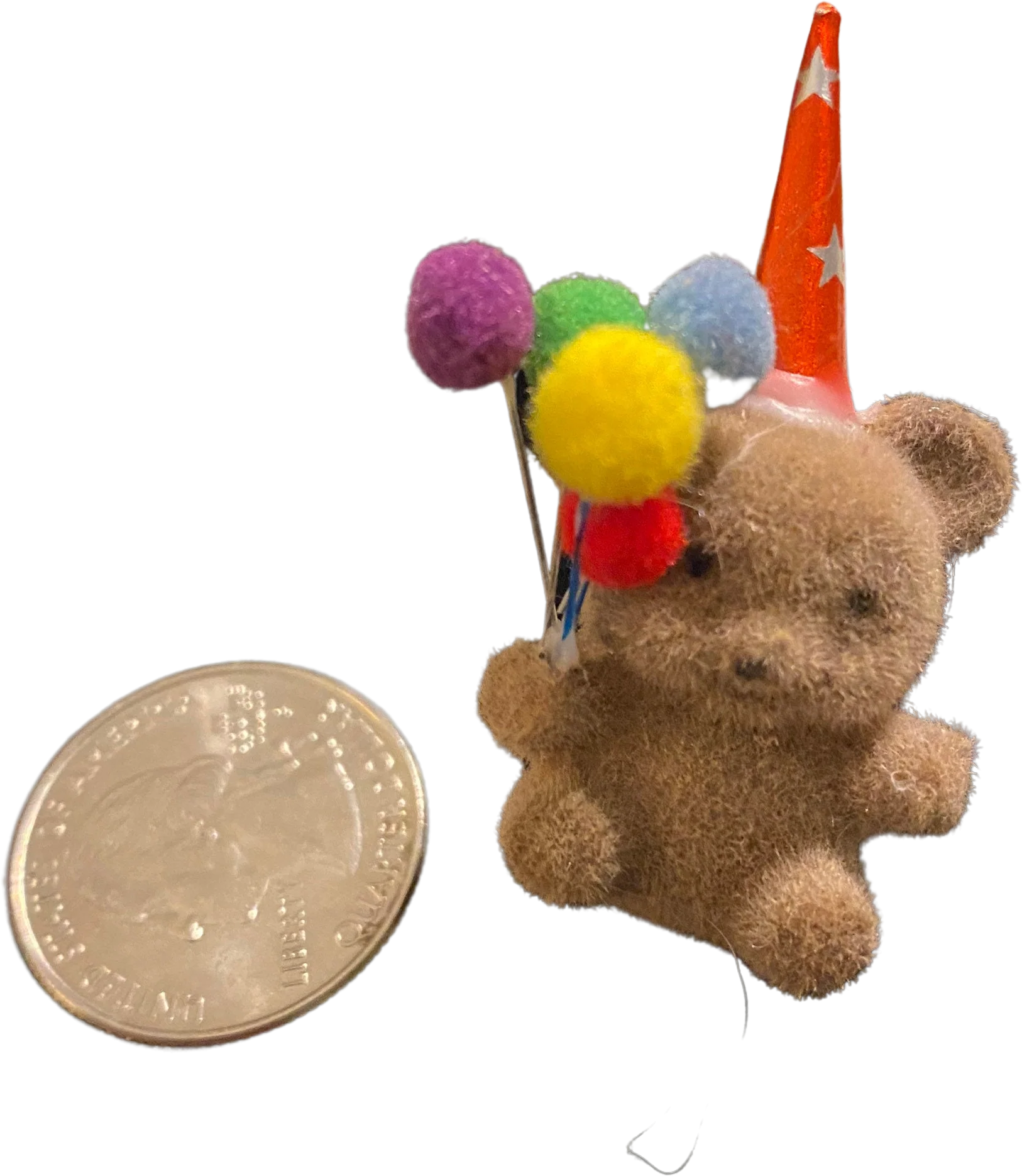 Vintage 80s Brown Flocked Birthday Bear Pin Hat and Balloons