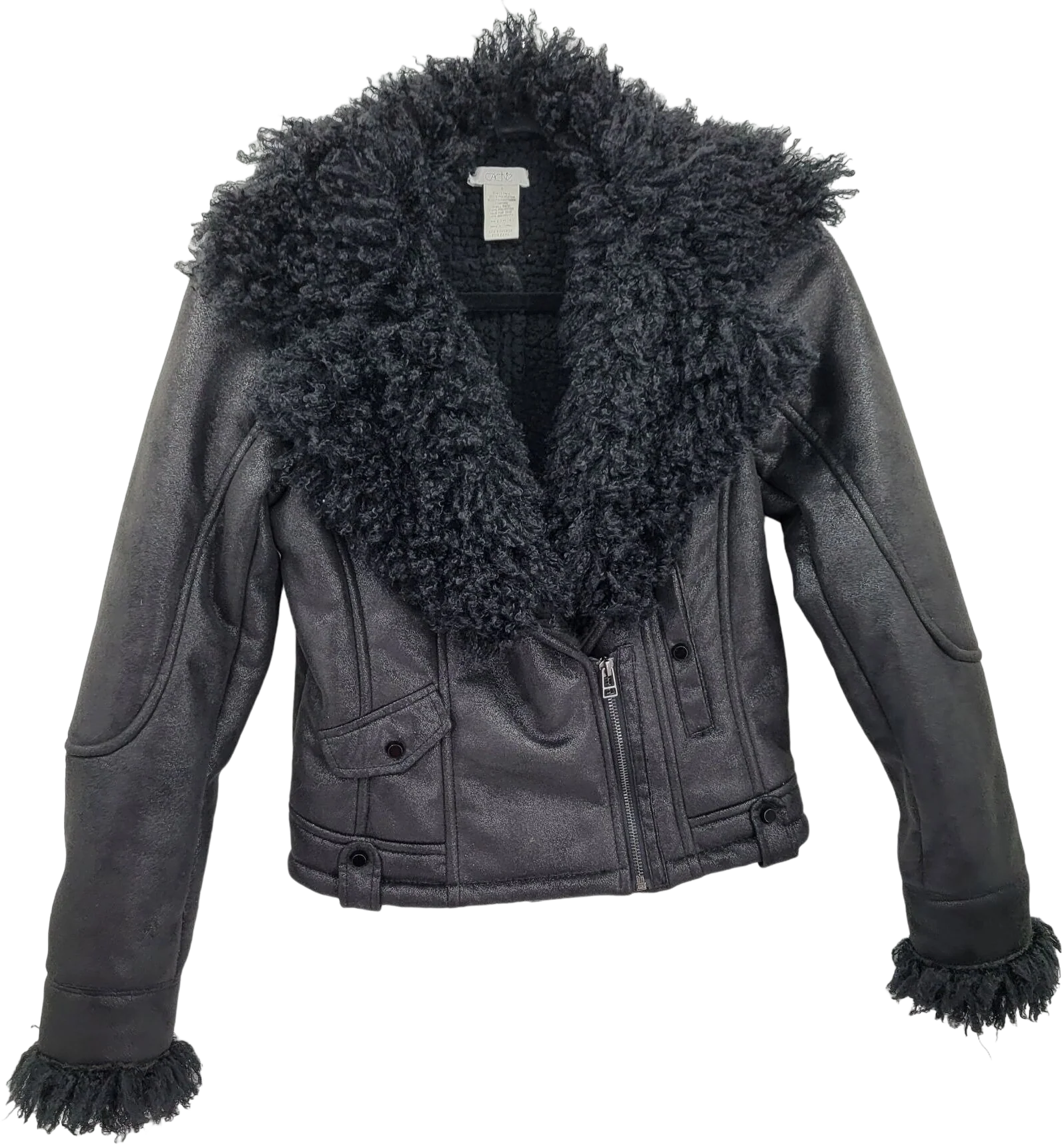 Vintage 80s Cache Jacket Bomber Biker Vegan Suede Curly Faux Fur Lapel Black S by Cache