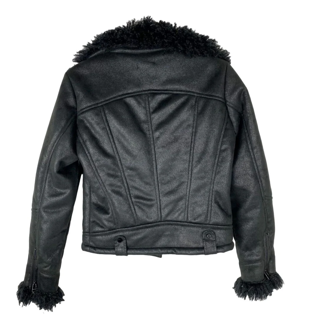 Vintage 80s Cache Jacket Bomber Biker Vegan Suede Curly Faux Fur Lapel Black S by Cache - Image 10