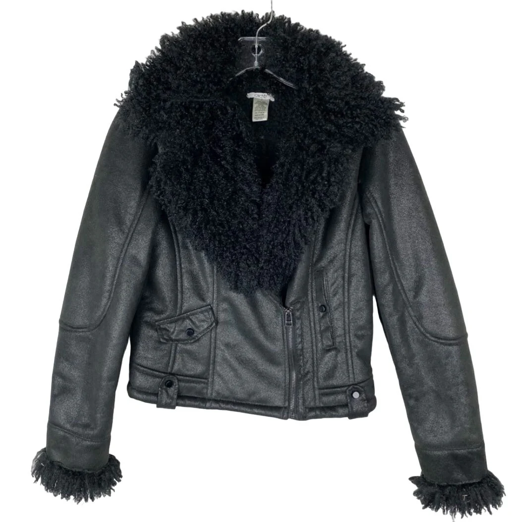 Vintage 80s Cache Jacket Bomber Biker Vegan Suede Curly Faux Fur Lapel Black S by Cache - Image 11