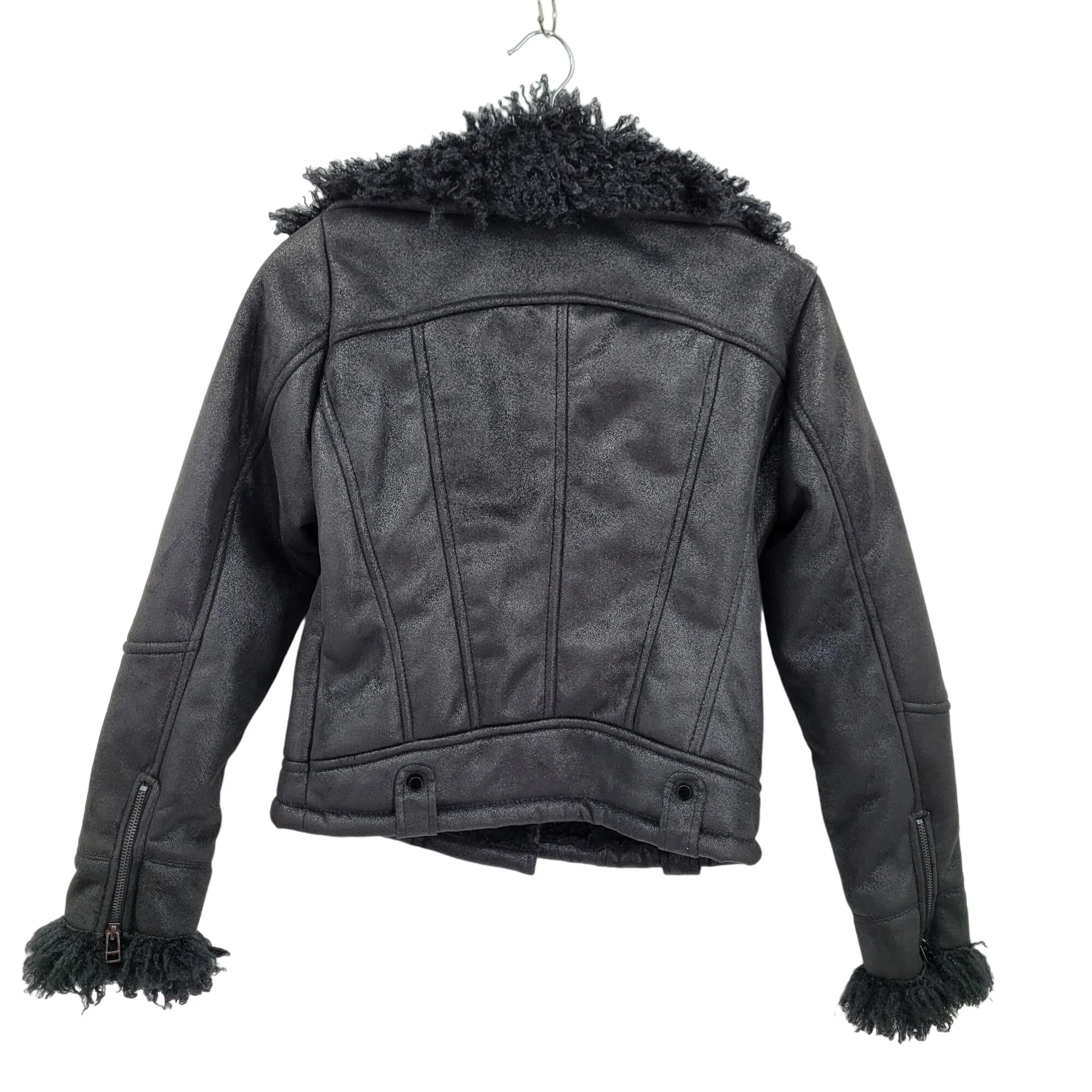 Vintage 80s Cache Jacket Bomber Biker Vegan Suede Curly Faux Fur Lapel Black S by Cache - Image 2