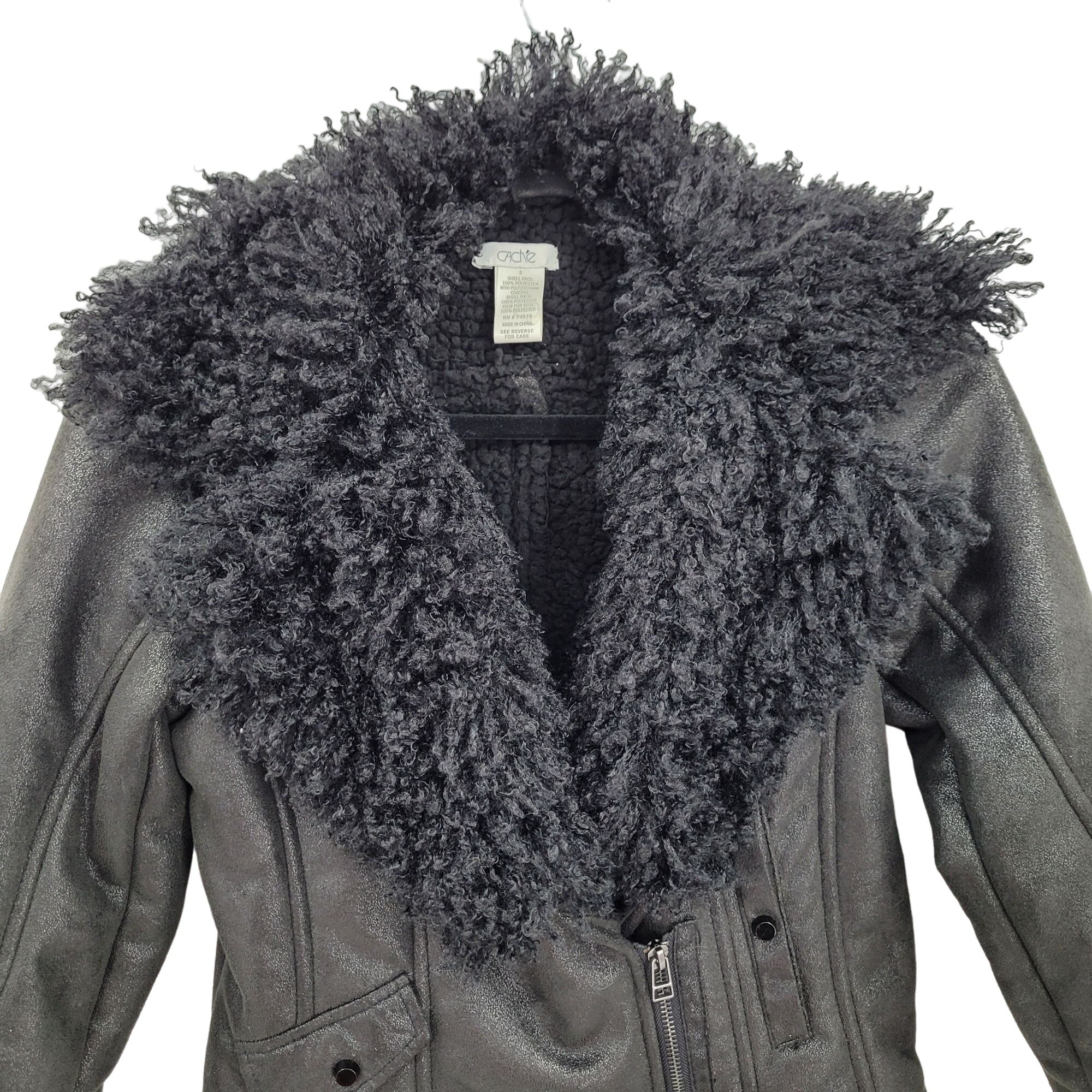 Vintage 80s Cache Jacket Bomber Biker Vegan Suede Curly Faux Fur Lapel Black S by Cache - Image 4