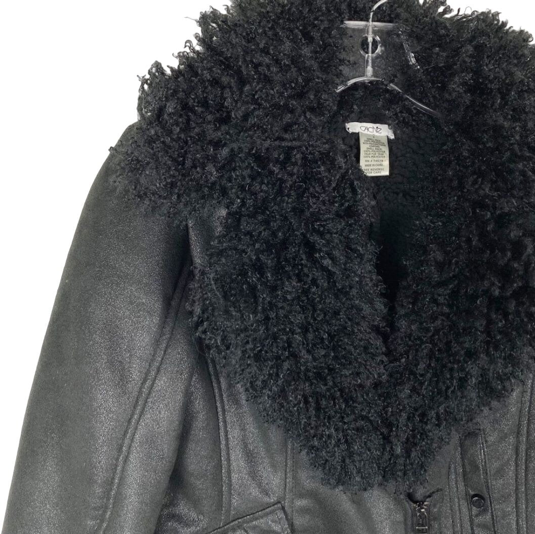 Vintage 80s Cache Jacket Bomber Biker Vegan Suede Curly Faux Fur Lapel Black S by Cache - Image 5