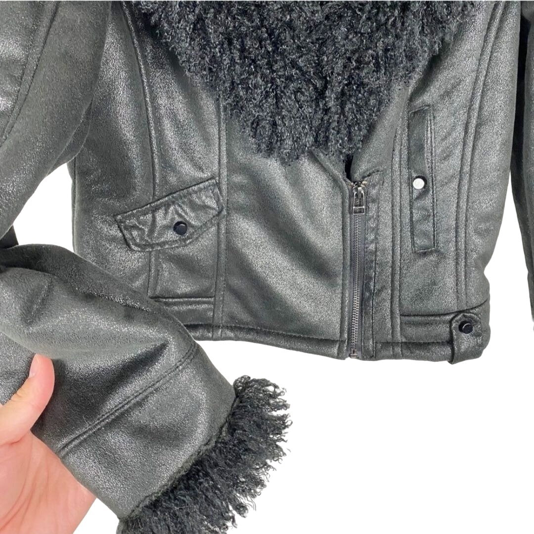 Vintage 80s Cache Jacket Bomber Biker Vegan Suede Curly Faux Fur Lapel Black S by Cache - Image 6