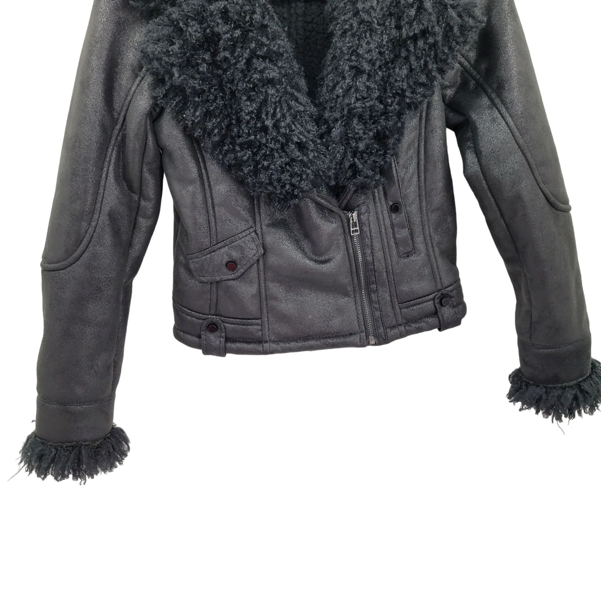 Vintage 80s Cache Jacket Bomber Biker Vegan Suede Curly Faux Fur Lapel Black S by Cache - Image 9