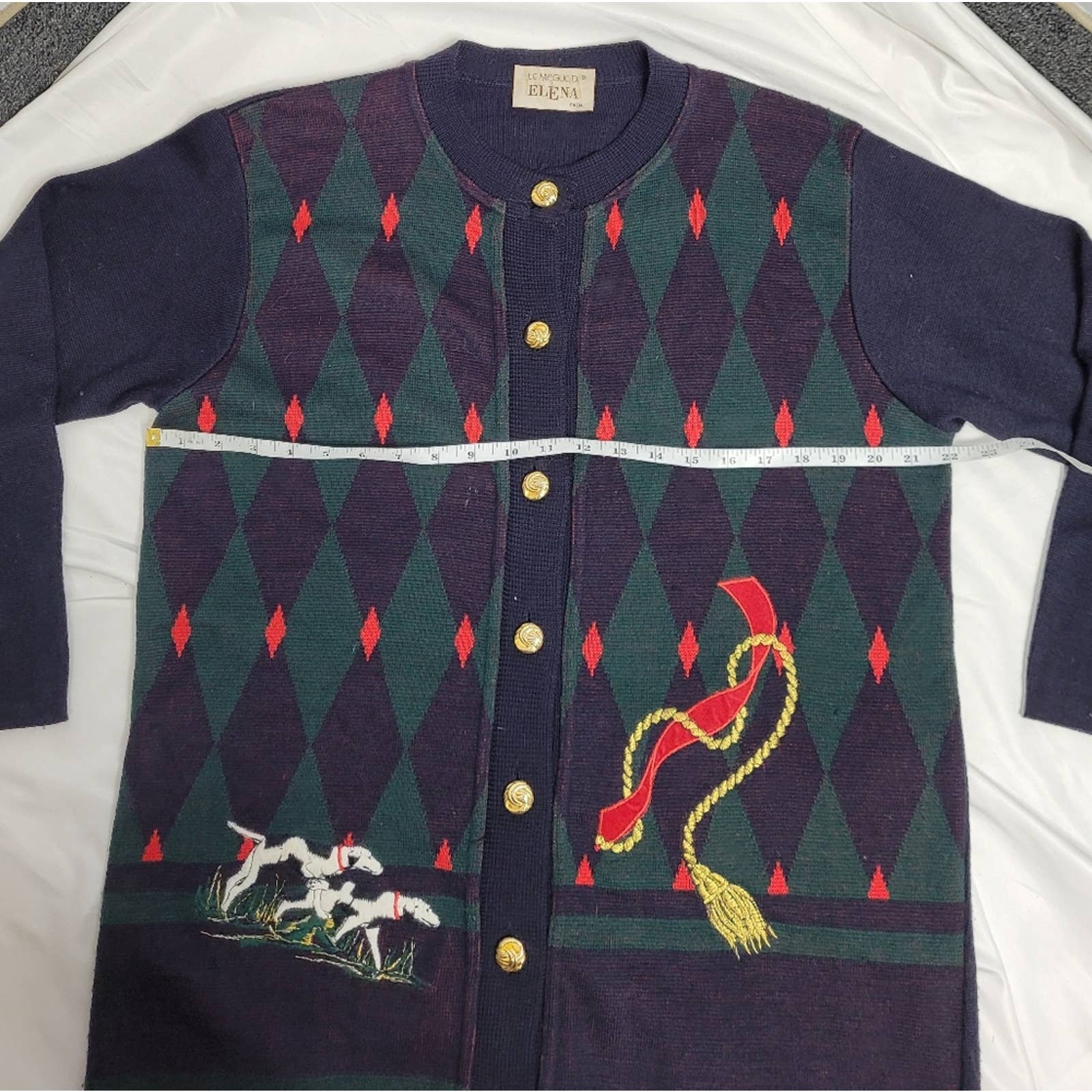 Vintage 80s Cardigan Embroidered Dogs Equestrian Wool Button Up Sweater M by Le Magli Di Elena - Image 9