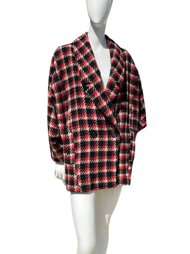 Vintage 80s Checkered Plaid Red White and Black Batwing Oversized Jacket Size Xl Wool Unisex - Image 2