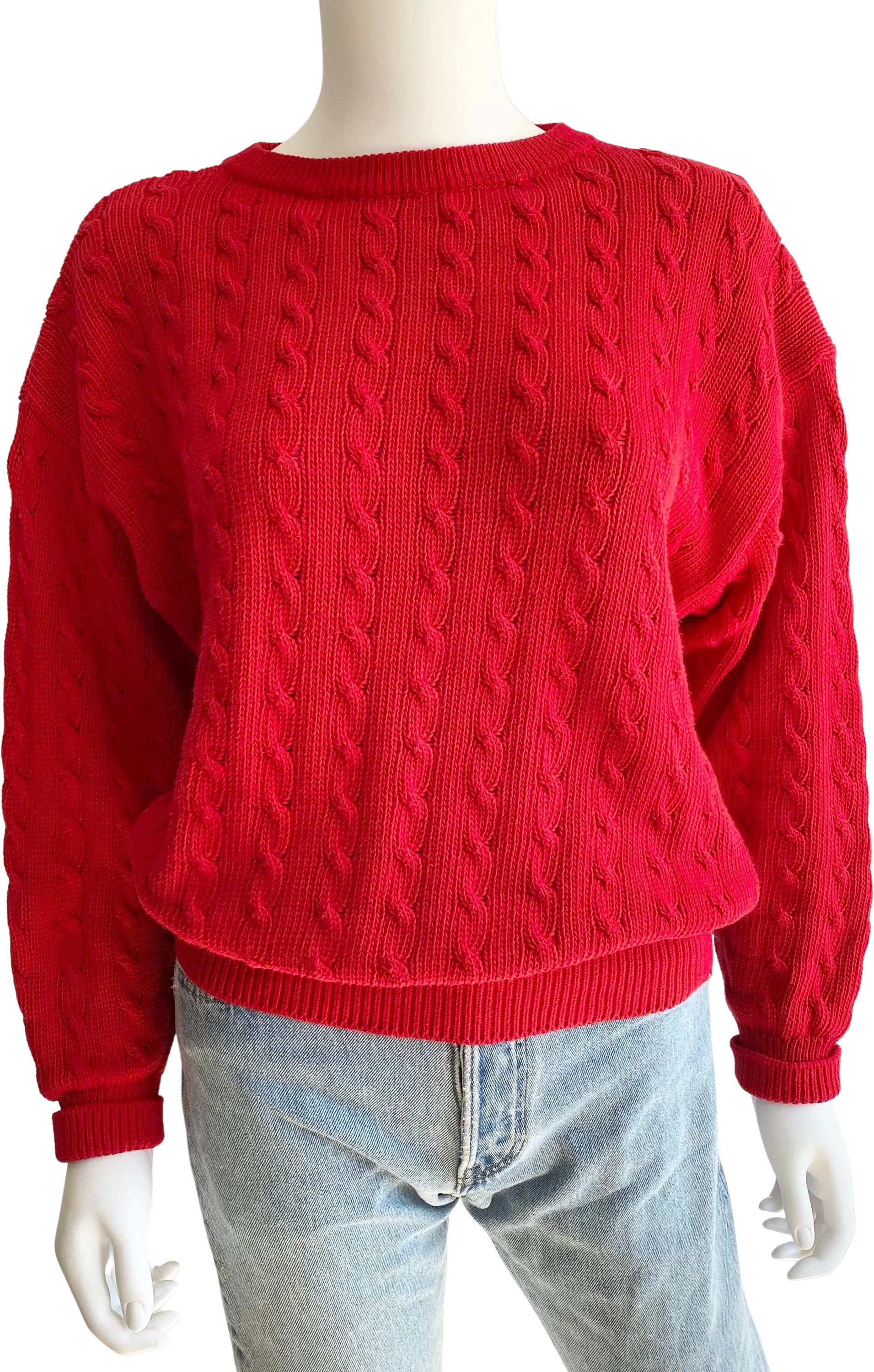 Vintage 80s Cherry Red Cable Knit Cotton Sweater by Benetton