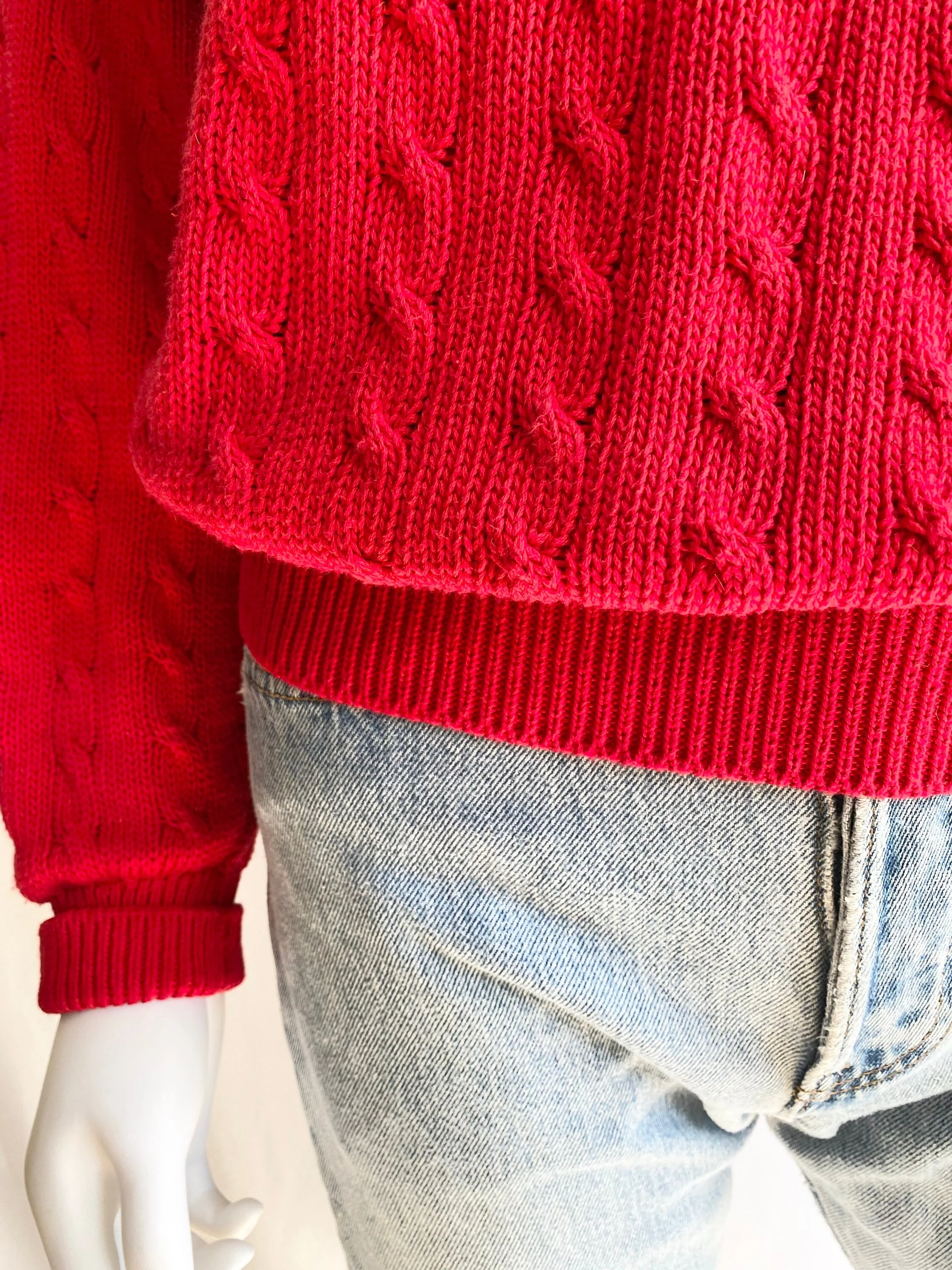 Vintage 80s Cherry Red Cable Knit Cotton Sweater by Benetton - Image 3