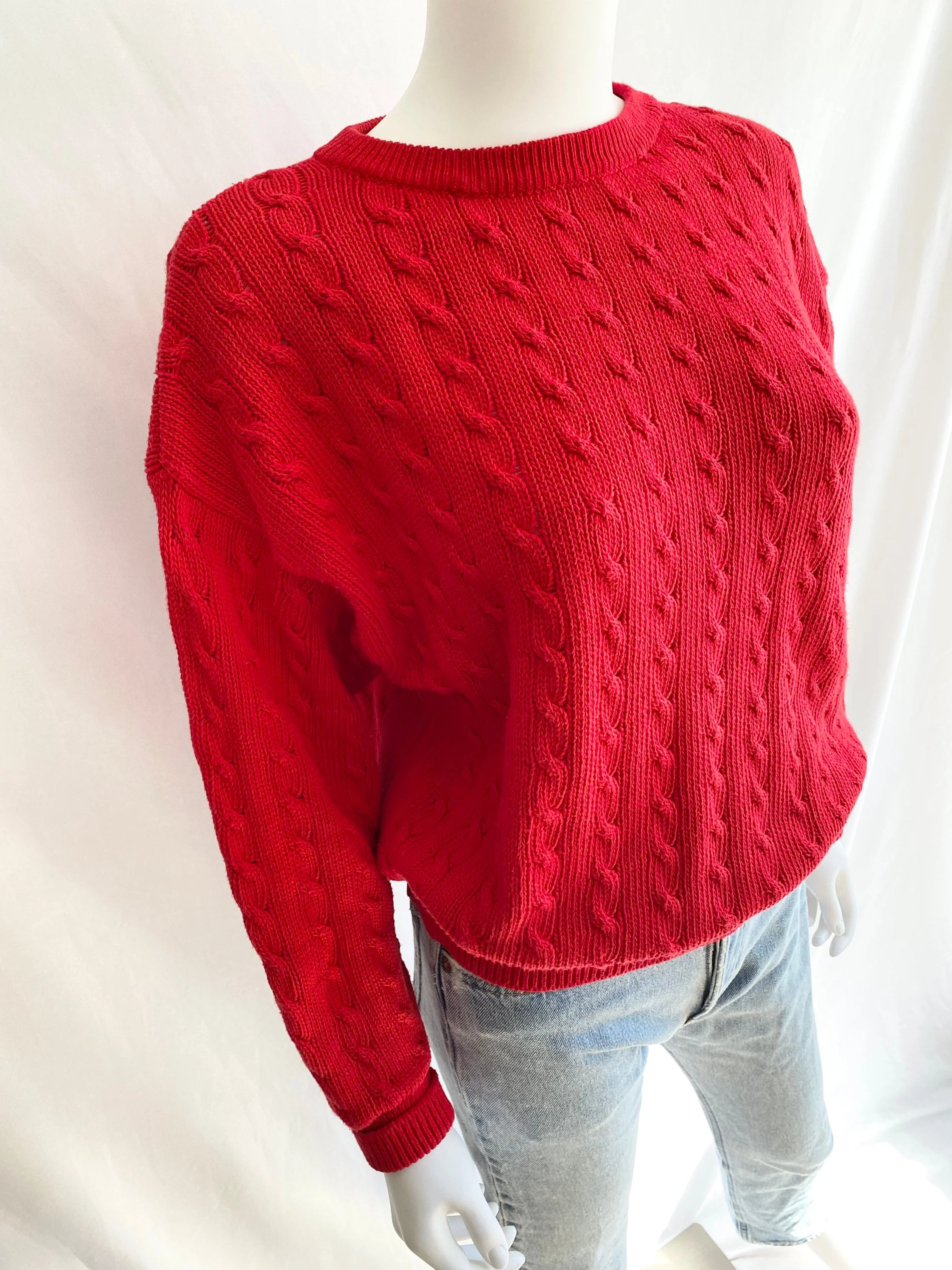 Vintage 80s Cherry Red Cable Knit Cotton Sweater by Benetton - Image 4