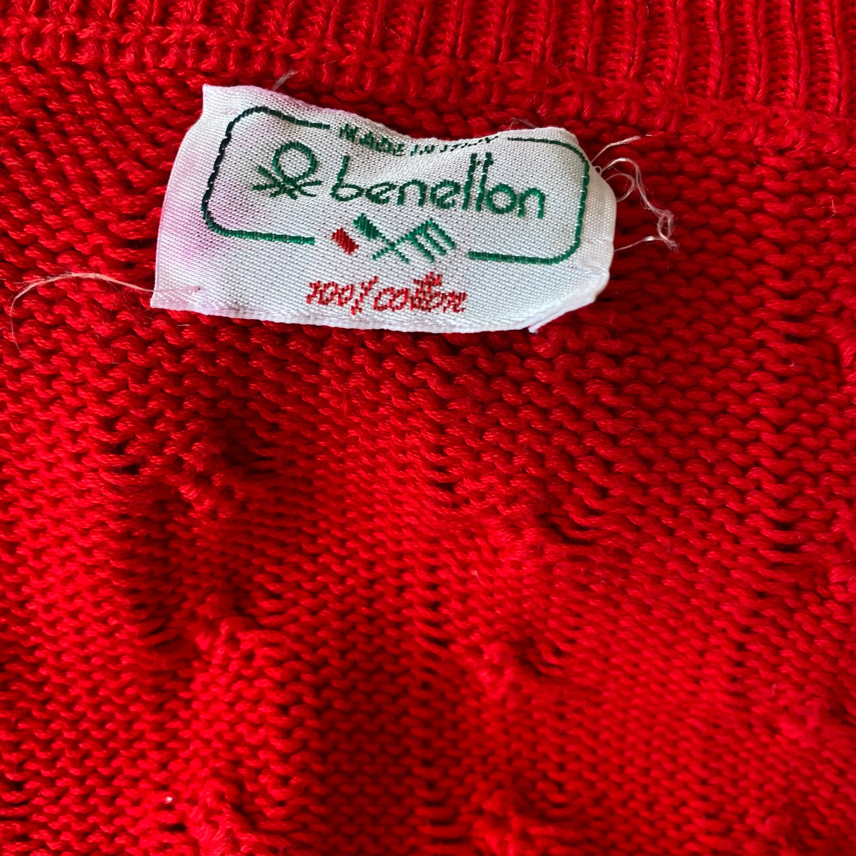 Vintage 80s Cherry Red Cable Knit Cotton Sweater by Benetton - Image 9