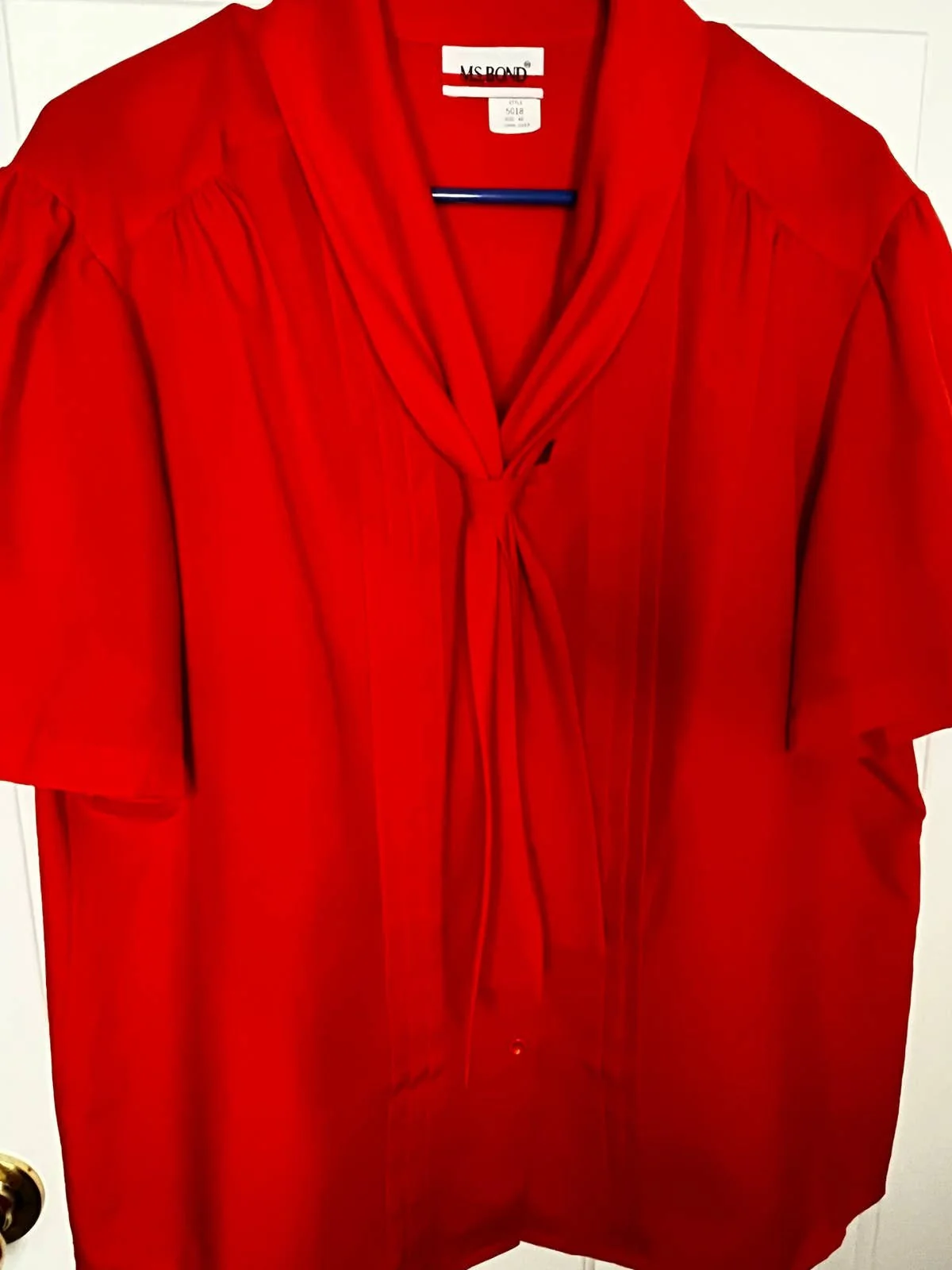 Vintage 80s Cherry Red Secretary Bow Blouse Pleated Shirt Large Xl Work by Ms Bond - Image 3